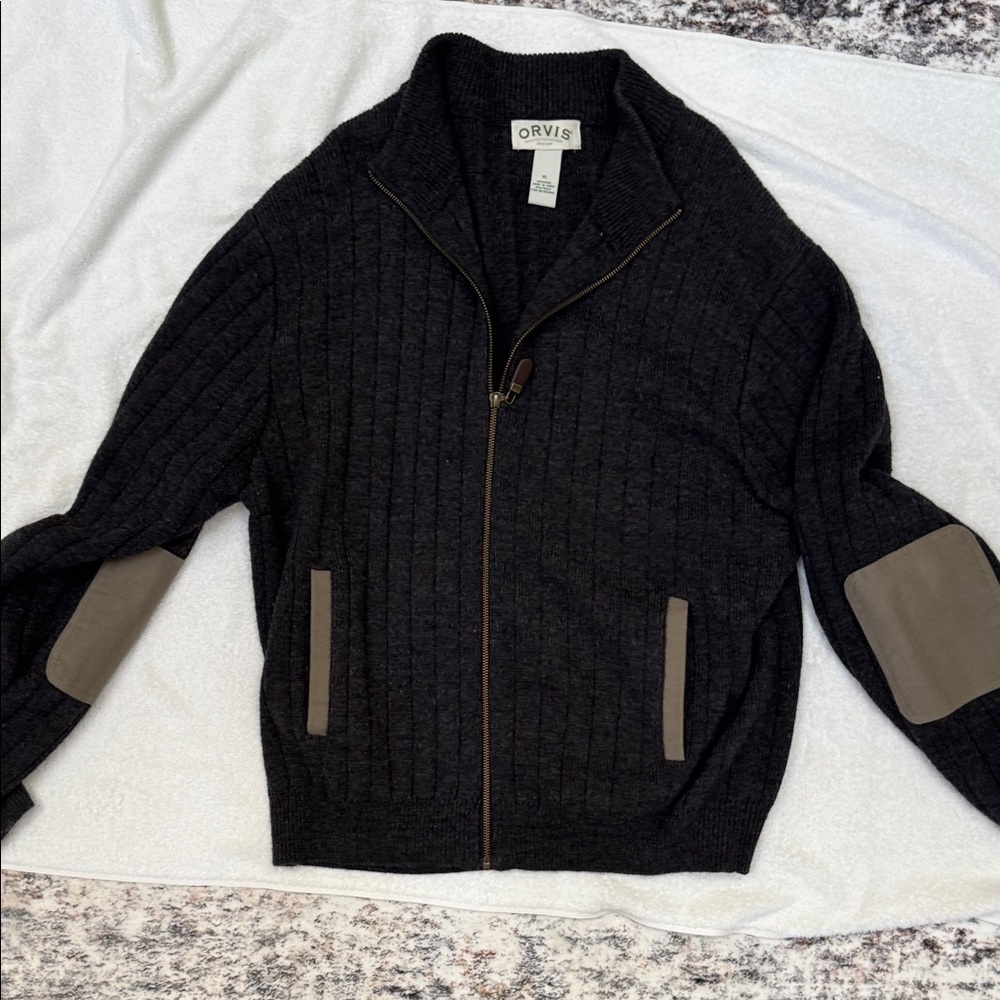 Orvis Men's Dark Gray and Tan Zip-Up Sweater